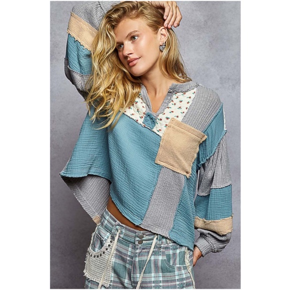 POL Women's Long Sleeve Patchwork Top - Blue, Gray, Tan - Picture 3 of 4